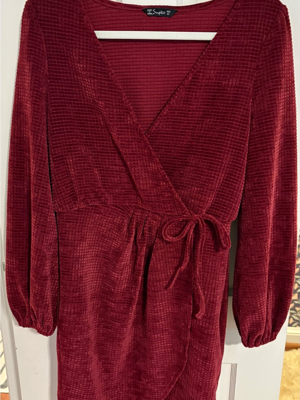 Simple Burgundy Velvet Wrap Dress with Tie Waist